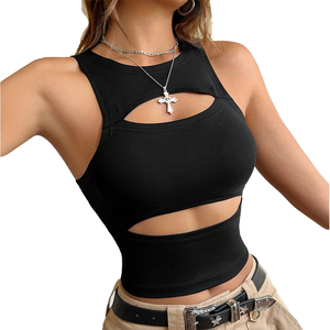 <b>Women's</b> <b>Black</b> Hollow Out <b>Tank</b> <b>Top</b> O-Neck Crop <b>Top</b> Sexy Club Wear Knitted Spandex Polyester Breathable Solid Color - Product Image 1