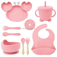 Ensemble d'alimentation pour bébé en silicone 8 pièces - Assiette à ventouse en forme de crabe, tasse à bec 2-en-1, bol à ventouse, bavoir et ensemble de deux ustensiles
