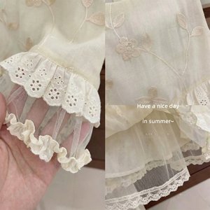Girls Clothing Set Beige Embroidered Top With Ruffles And <b>Light</b> Blue Jeans Two Piece Summer Outfit For Toddlers - Product Image 3