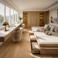 Lit plateforme tatami intégré de style côtier californien moderne avec armoire en verre cannelé pour chambre ensoleillée