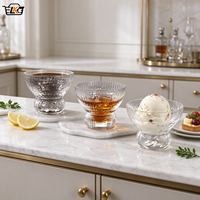 Bol à dessert vintage en verre à pied épais, texturé côtelé, transparent, pour glaces, trifles et coupes glacées, idéal pour café, fête, bar