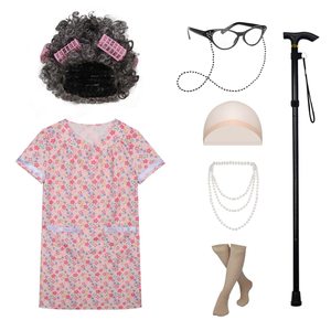 Costume <span class=keywords><strong>Vieille</strong></span> <span class=keywords><strong>Dame</strong></span> Robe Perruque Collier Lunettes Bas Canne Halloween Cosplay Outfit Cosplay Party Costume Set Funny Dress Up - Product Image 2