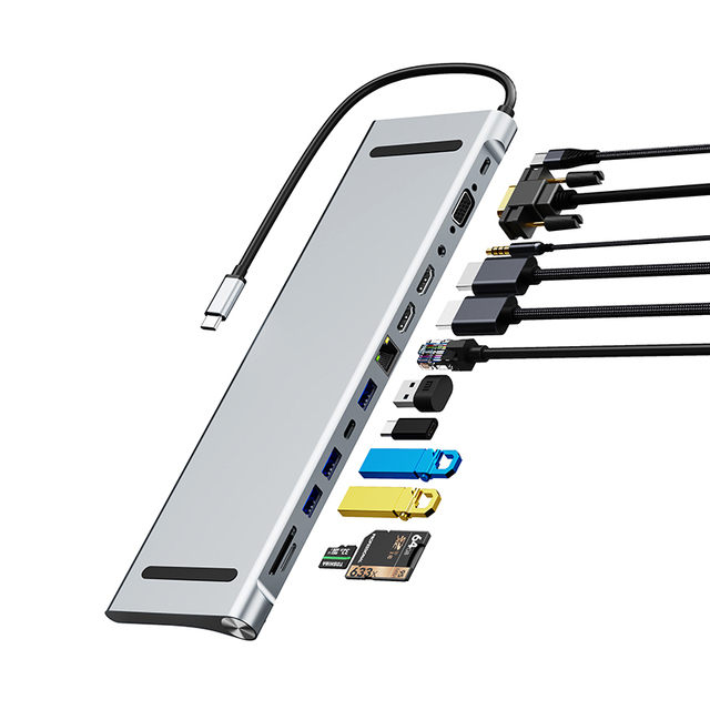 12 in 1 USB Hub Adapter With 2*HDTV, USB 100mbps RJ45 VGA 100W PD Charging Port Docking Stations