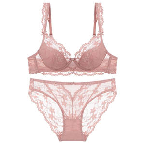 Conjunto de <span class=keywords><strong>Bikini</strong></span> de encaje <span class=keywords><strong>Sexy</strong></span> de estilo francés Sujetador de anillo de acero suave fino Gran reunión Pecho pequeño Correas ajustadas Patrón sólido Copa - Product Image 1