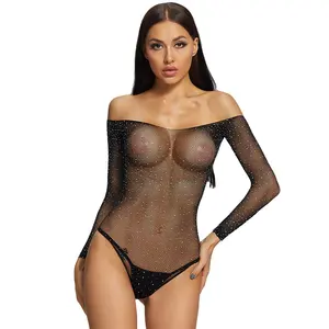 2021 Sexy Vrouwen Panty Off Shoulder Black Lace Mesh Diamant Glinsterende Fun Ondergoed