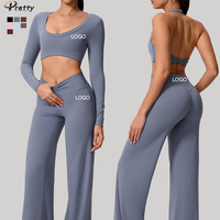 Nouvel ensemble de yoga personnalisé pour femme 2026 – Manches longues ajourées, dos élégant, taille haute évasée – Tenue de sport Pilates et Fitness