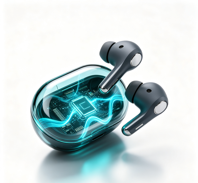 Dark Gray Wireless Earbuds, Transparent Shell with Cyan Circuit Flow Glow