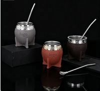 Tasse et gourde à maté argentin en acier inoxydable de 180 ml (6 oz) enveloppées de cuir avec paille bombilla