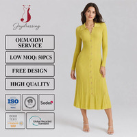 Robe midi en maille jaune moutarde à manches longues Joydressing, col polo côtelé boutonné, robe évasée pour femme, vente en gros OEM
