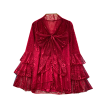 Chemisier élégant en dentelle à nœud pour femme, à manches longues et col montant ample, idéal printemps-automne
