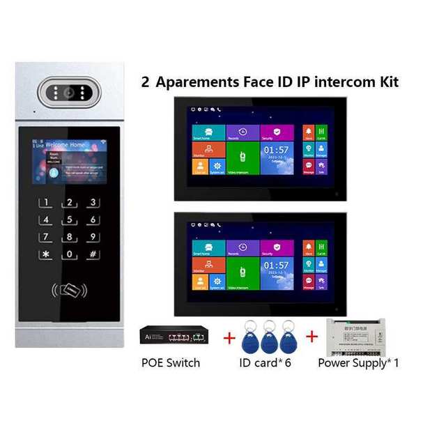 Face Recognition IP Video Intercom 7-inch Touch Screen Wired Hands-free Video Door Entry Phone System for 2 Apartments Multi