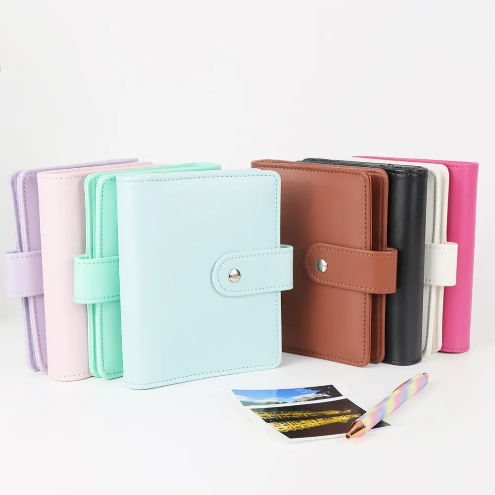 A7 Macaron PU Leather Binder Cover Snap Closure Refillable Loose Leaf 6 Rings Binders with Pen Card Holder Bill Pocket Folder