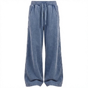 Pantalones de chándal de felpa azules de mujer, de pierna ancha, cintura media, con cordón, ajuste holgado informal, largos, de color liso, de algodón lavado a la piedra - Product Image 1