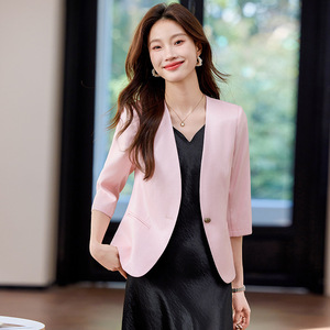 Women's Mid Sleeve Blazer Lightweight Summer Solid Color Viscose Fiber Breathable Work Wear - Product Image 3