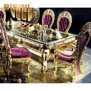 Table à manger longue de style européen ancien classique, style ancien monde, or, ornée de motifs floraux, marqueterie, boulle, pour banquet - Product Image 3