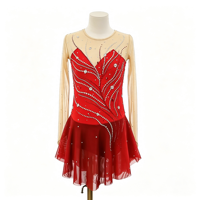 Robe de patinage et de danse rouge dégradé pour enfants et adultes, col rond, manches longues en maille, dos orné de strass, pour compétition et spectacle de patinage sur glace