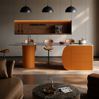 Îlot de cuisine moderne et minimaliste en acier inoxydable avec table à manger intégrée pour cuisines ouvertes et salons – Design ovale fixe