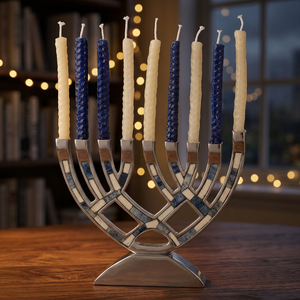 Traditional Hanukkah Menorah Metal Candle Holder <b>Blue</b> White Inlay Design Event Decor - Product Image 2