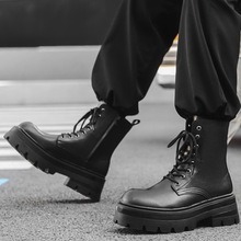 Bottines rétro en cuir synthétique noir, mi-mollet, à lacets, semelle épaisse antidérapante, pour les trajets quotidiens et la mode urbaine - Product Image 4