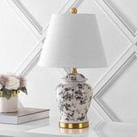 Lampe de table LED 22 pouces Gris/Blanc, en céramique et métal, style Chinoiserie, abat-jour en lin traditionnel français, finition laiton doré