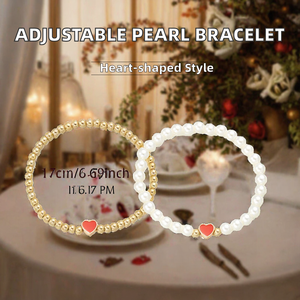 Pulsera Ajustable de Perlas Sintéticas con Espaciador Dorado, Brazalete Elástico con Cuentas y Dije de Corazón, Joyería Boho en Capas, Regalo - Product Image 2