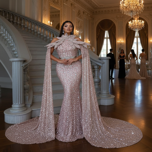 New Luxury Formal Sparkling Sleeveless Cocktail Evening Dress High Slit Floor-Length Mesh Beaded Mermaid Silhouette Breathable - Product Image 3