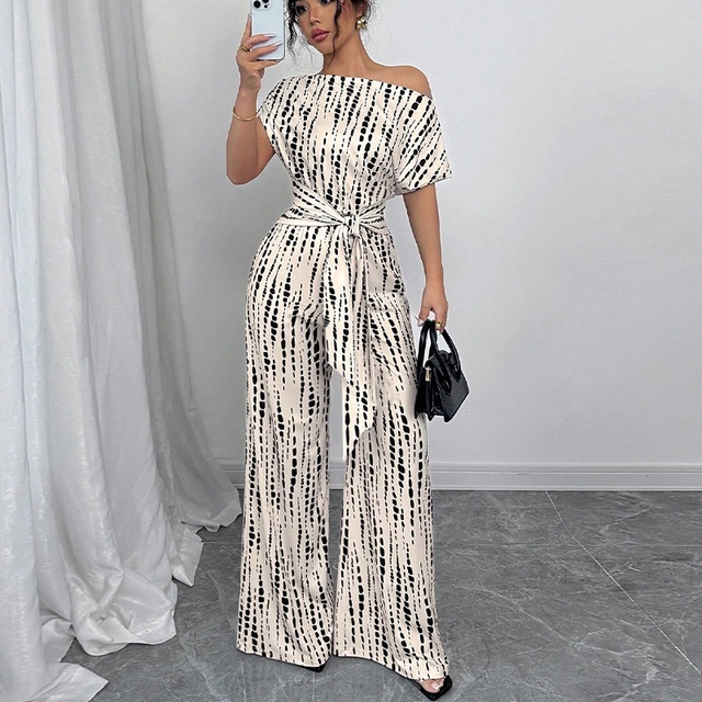 Casual Summer Wide Leg Pants Rompers Vacation Elegant Soft Lightweight Satin Striped Jumpsuit Asymmetric Shoulder Street Belt