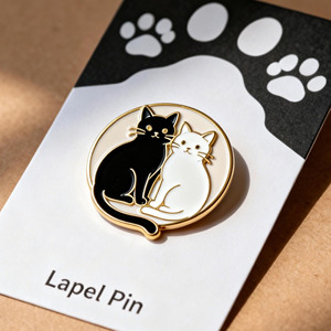 Circular Lapel Pin Black White Cats Gold-Plated Hard Enamel Zinc Alloy Animal Theme Art Collectible Metal Pin - Product Image 1