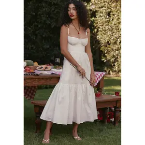 2024 Summer Elegant White Lace Strap Midi Dress For Women Fashion Sleeveless Backless Loose Sexy Short Dresses Pure Color 2774