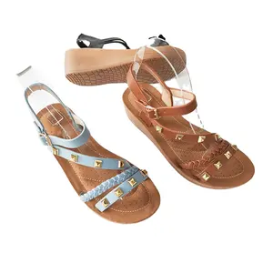 Lace-up latest ladies slippers shoes leather sandals pu cross strap design soft comfortable footwear flat slipper sandals