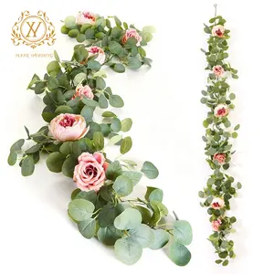 人工ユーカリガーランドアマゾンホットセール結婚式の小道具造花シミュレーションローズフラワーつる籐装飾
