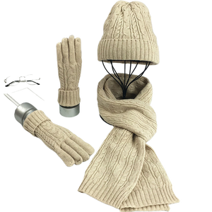 Berretto a righe alla moda con 3 pezzi lavorato a maglia invernale da <span class=keywords><strong>donna</strong></span> in <span class=keywords><strong>sciarpa</strong></span> di lana <span class=keywords><strong>e</strong></span> <span class=keywords><strong>guanti</strong></span> inclusi - Product Image 1