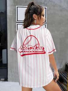 Maillot de baseball surdimensionné rayé à boutons pour femme, grande taille, avec logo et numéro personnalisés, style <span class=keywords><strong>hip</strong></span>-<span class=keywords><strong>hop</strong></span> - Product Image 2
