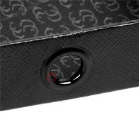 Boîte cadeau coulissante en PU grainé noir avec trou de tirage à œillet, boîte d'emballage de parfum avec logo en relief
