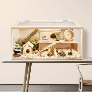 Accessoires de cachette Meubles pour animaux de compagnie en bois multifonctionnels Hamac pour cobayes Maison pour hamster à 2 niveaux <span class=keywords><strong>Lit</strong></span> Escaliers - Product Image 5