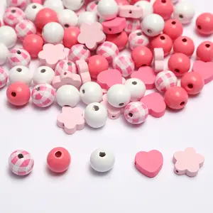 200 pcs Wholesale Pink Flowers, Love Shaped Loose Wood Beads For DIY Bead Bracelet