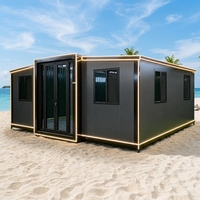 Casa de Huéspedes para Jardín, Contenedor Prefabricado con Acabado en Madera, Marco Negro, Expandible, Aspecto de Madera Marrón Anaranjado, Instalación Rápida