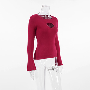 Wholesale Solid Color Long Sleeve Keyhole Sweetheart Knitted Fall <b>Winter</b> Tops for Women Fashion - Product Image 4