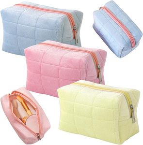 Pochette de maquillage matelassée en peluche avec rembourrage en grille à bulles, organiseur de toilette de voyage, pochette cosmétique - Product Image 5