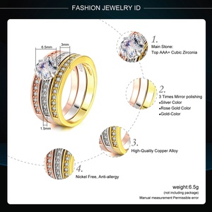 Set di Anelli Impilabili da Sposa per Donna, Solitario Rotondo in Zirconia Cubica, Fascia Semi-<span class=keywords><strong>Eternity</strong></span> con Pavé, Gioiello Promessa di Matrimonio in Tre Tonalità, Regalo - Product Image 6