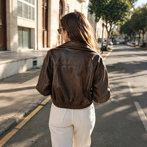 Chaqueta bomber corta de cuero PU vintage con logotipo personalizado para mujer, prenda exterior con cremallera para damas, atuendo diario de otoño. - Product Image 2