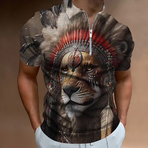 เสื้อโปโลปกคอพับซิปลายทางมีซิปสำหรับผู้ชายเสื้อกอล์ฟแขนสั้นลายสิงโตสัตว์3D กราฟิก - Product Image 1