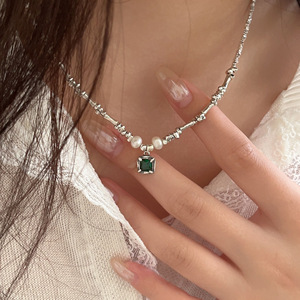S925 Sterling Silver <b>Emerald</b> Zircon Bamboo Necklace Geometric Solitaire <b>Pendant</b> For Women Everyday Wear Collarbone Chain - Product Image 1