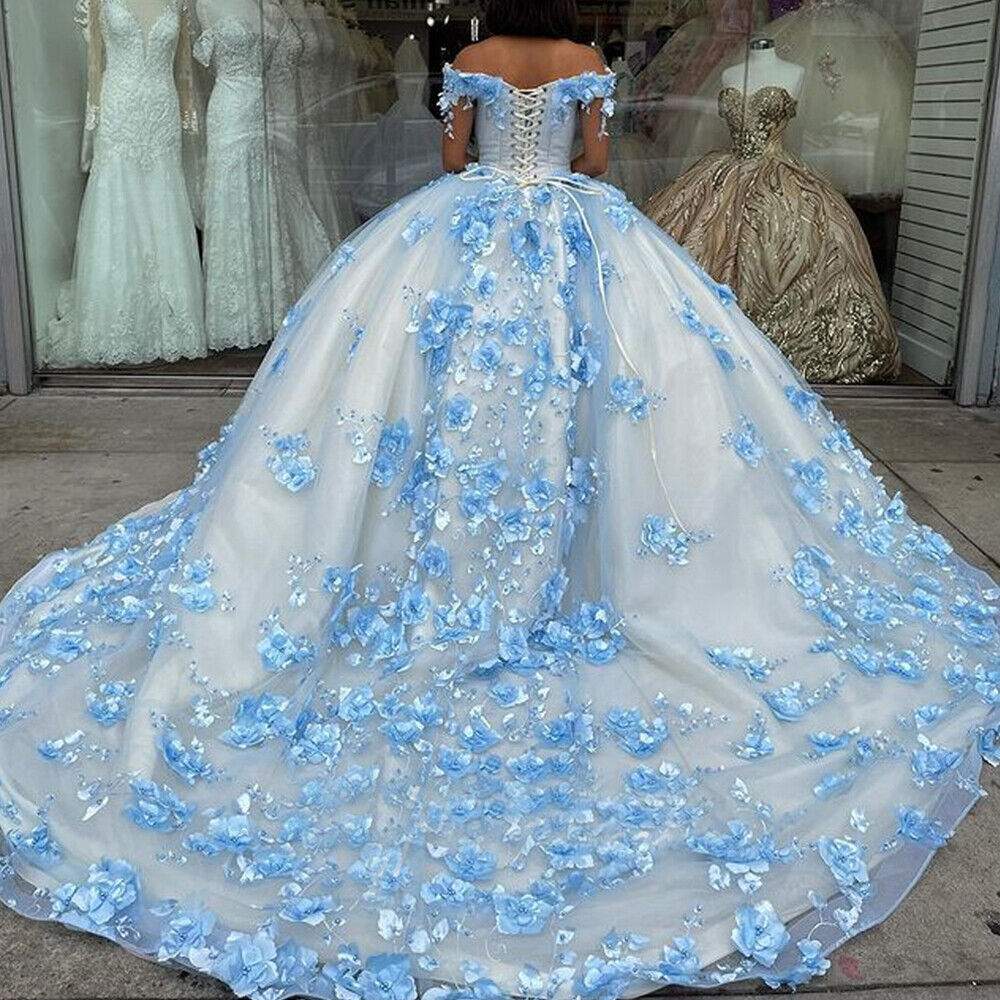 princess polly baby blue dress Blue off the Shoulder Quinceanera Dresses with 3D Flowers