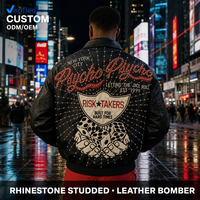 Maßgefertigte Schwarze Lederjacke mit Strass-Besatz und Kursiv-Schrift Grafik auf der Rückseite Motorradjacke OEM Luxus Streetwear für Herren Hip Hop