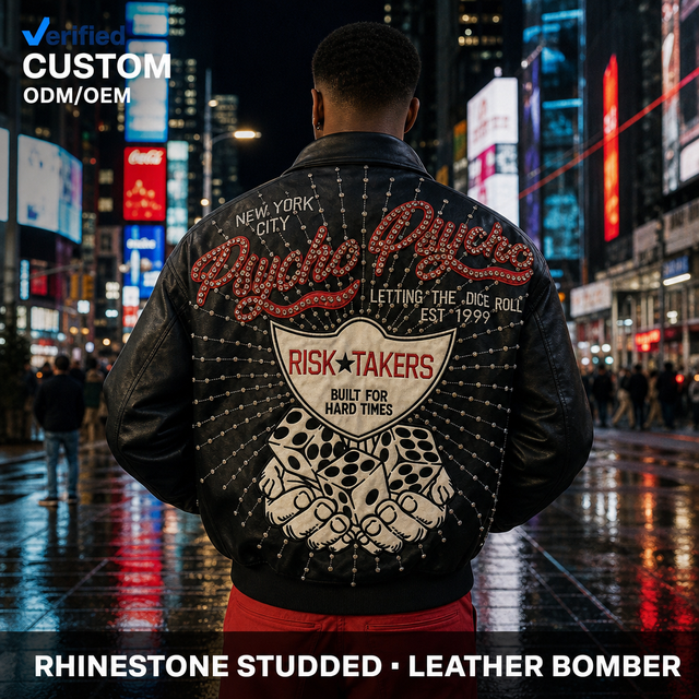 Custom Black Leather Rhinestone Studded Cursive Back Graphic Motorcycle Jacket OEM Luxury Streetwear for Men Hip Hop