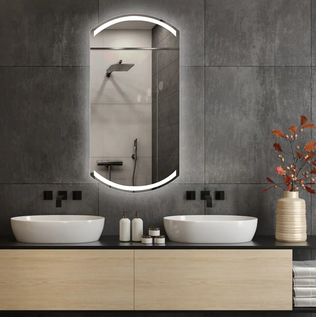 Espelho de banheiro LED com luzes espelho de arco retroiluminado grande espelho inteligente regulável montado na parede