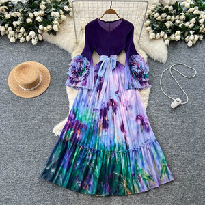 Abiti da Donna Stile Elegante con Stampa Floreale 3D, Maniche Lunghe e Orlo a Volant, Vestito Linea A alla Moda - Product Image 1