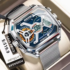 POEDAGAR Montre de sport à quartz de luxe pour hommes 47mm Semaine Affichage LED Étanche en <span class=keywords><strong>acier</strong></span> inoxydable Maille Horloge électronique pour hommes E106 - Product Image 1