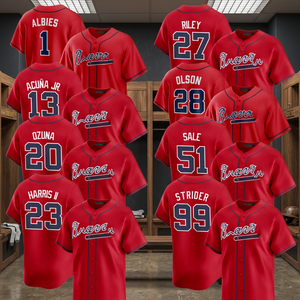 Maillot de baseball personnalisé pour hommes Braves, rouge, imprimé à l'écran, respirant, en polyester, manches courtes, coupe classique, toutes saisons, uniformes pour adultes - Product Image 1